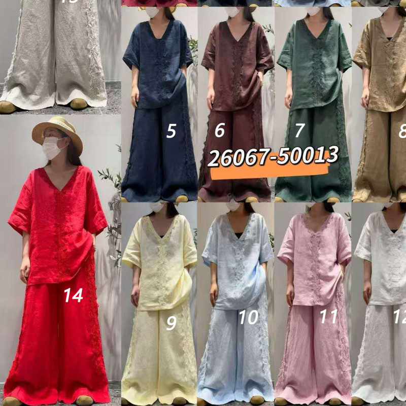 Cz2026 Summer Japanese Style V-Neck Lace Trim Linen Short-Sleeve Wide-Leg Pants Set Women's Casual Two-Piece Set Export