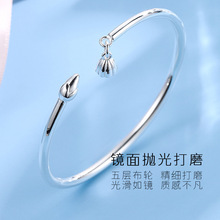 正品S999纯银手镯 ins小众设计吊莲蓬对莲子女款时尚足银镯子批发
