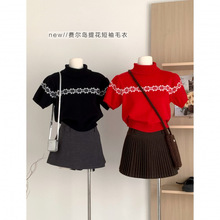 复古费尔岛提花红色短袖毛衣女秋冬新款减龄显瘦针织上衣