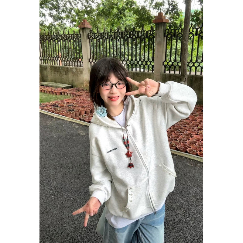 国潮牌美式复古珍珠字母刺绣卫衣女春秋宽松休闲运动开衫连帽外套|undefined