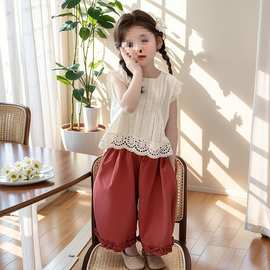 女童套装夏季2025新款洋气娃娃宝宝镂空背心花边儿童夏装图片色