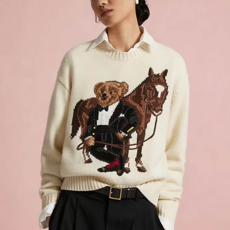 Top-Quality Pony Logo Sweater with Qr Code, R-L Wool Heavy-Duty Cartoon Bear Design, Popular Autumn and Winter Women's Casual Sweater