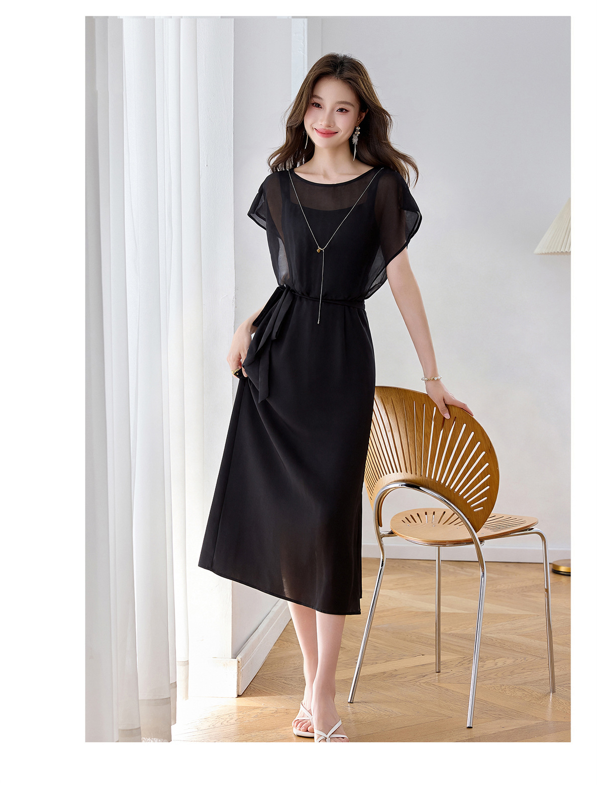 Đầm maxi nữ thắt eo thiết kế tân cổ điển cao cấp — màu đen, Chấm tròn chi tiết 19