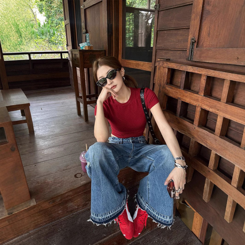 2026 Spring/Summer New Fashion Base T-Shirt Round Neck Pullover Short Sleeve Slim Fit Versatile Stylish American Jeans