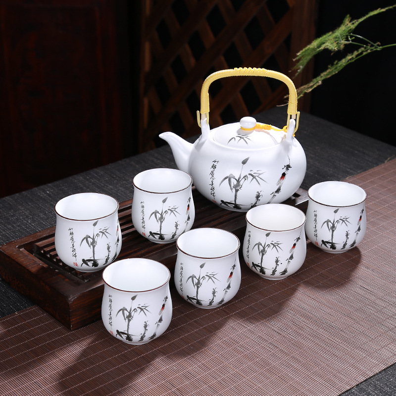 大容量亞光提梁壺大號茶壺一壺6杯大口杯整套陶瓷茶具禮品禮盒裝