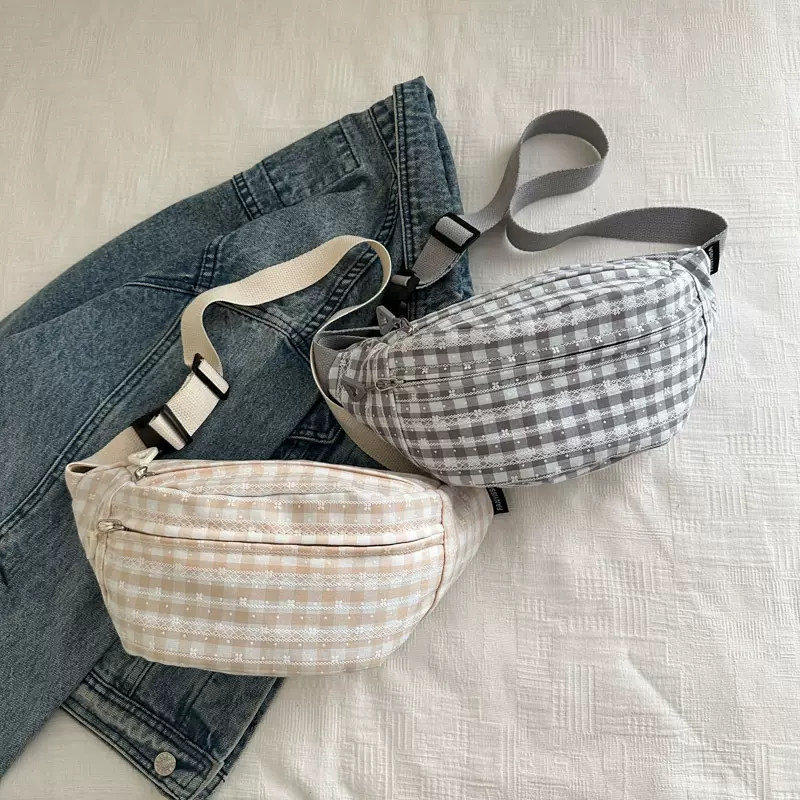 唯美韩版简约ins休闲轻便百搭复古格纹便携单肩斜挎包胸包腰包女