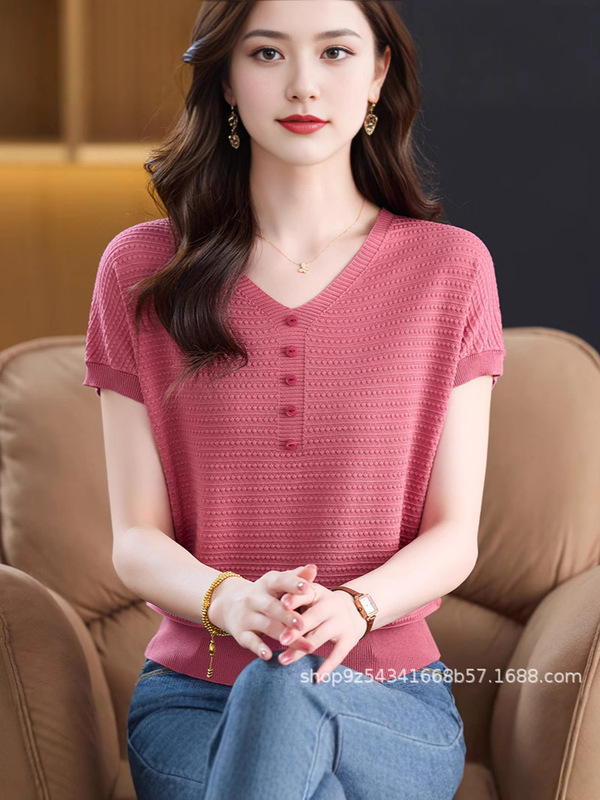 夏のアイスシルクニット半袖 Tシャツ女性のための 2025 新しいファッション多用途 V ネック薄型快適な Tシャツトップ女性のための|undefined