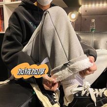 冬季羊羔绒阔腿裤女学生加绒直筒裤宽松加厚抽绳休闲保暖运动裤子