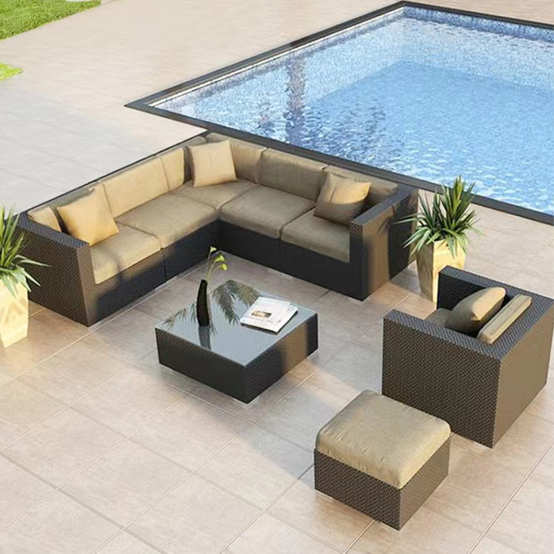 Outdoor Wicker Sofa Set for Courtyard Terrace, Three-Seater Leisure Waterproof Sunproof Wicker Outdoor Furniture Garden Sofa