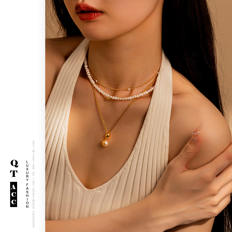 Retro oro de latón natural agua dulce collar de perlas de moda noble temperamento corto de perlas cadena de clavícula para mujeres image 1