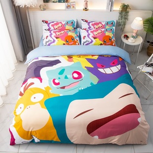 Japanese-Style Cartoon Anime Four-Piece Children's Pokémon Bedding Set Dormitory Bed 1.2m Three-Piece Set 1.5m Bed