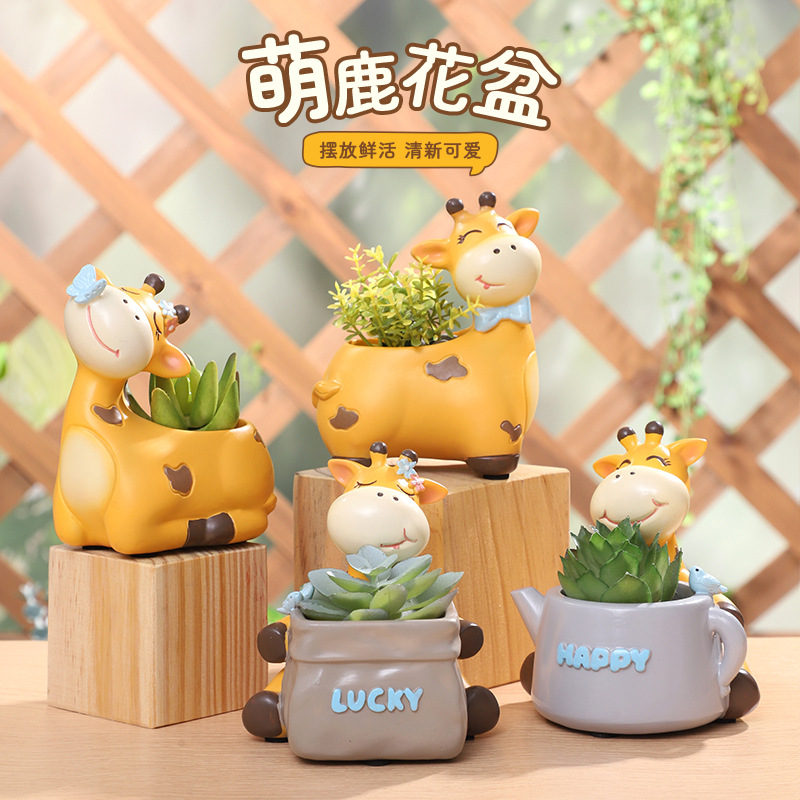 Chậu Cây Resin Chậu cây mọng nước hình hươu hoạt hình resin, chậu mini trang trí ban công, bàn làm việc và sân vườn (RG-53)