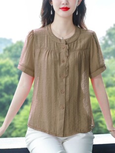 Cotton and linen shirt women's summer clothing 2025 new style mother fashionable loose slim short-sleeved top small shirt large size shirt