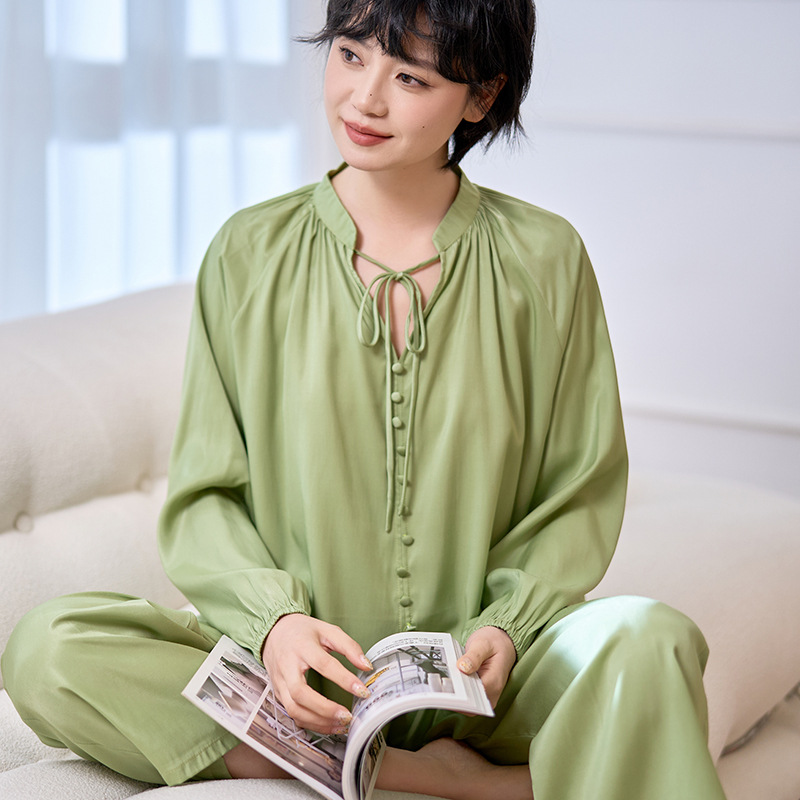 Light Luxury Fashion Palace Style Spring and Autumn Woven Thin Long-Sleeve Pajamas Women's Long Pants Simple Comfortable Home Wear Set
