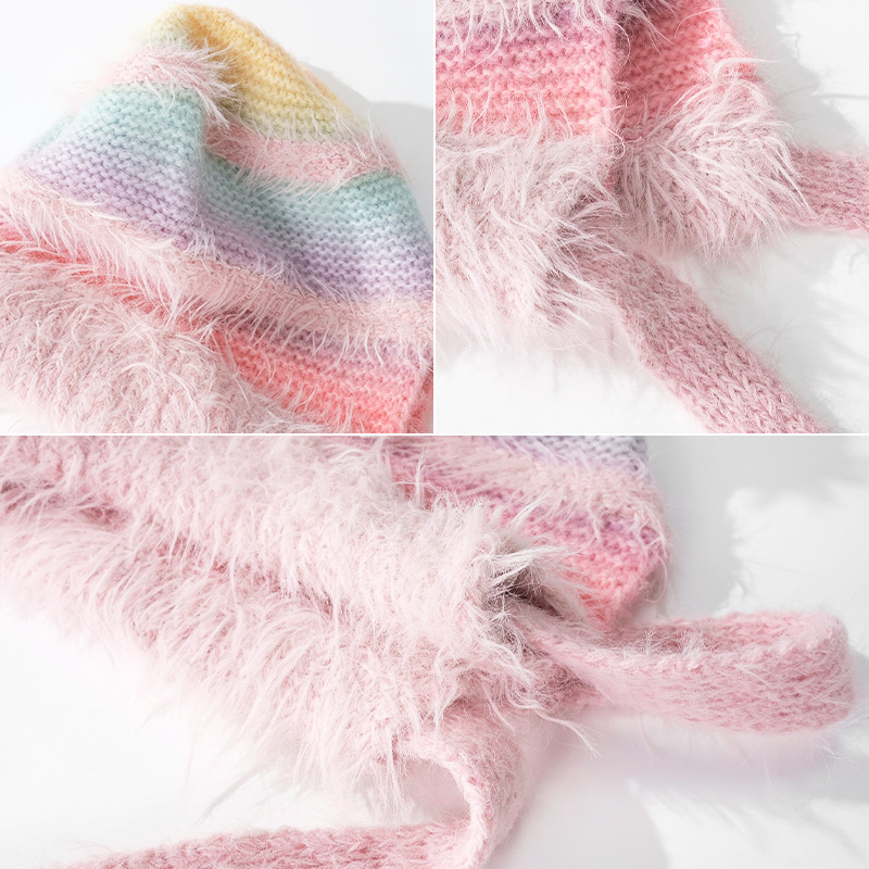 Cappello di lana lavorato a maglia con lacci, protezione per le orecchie, autunno e inverno, colore sfumato, a righe, caldo, in peluche, da donna_voghion.com