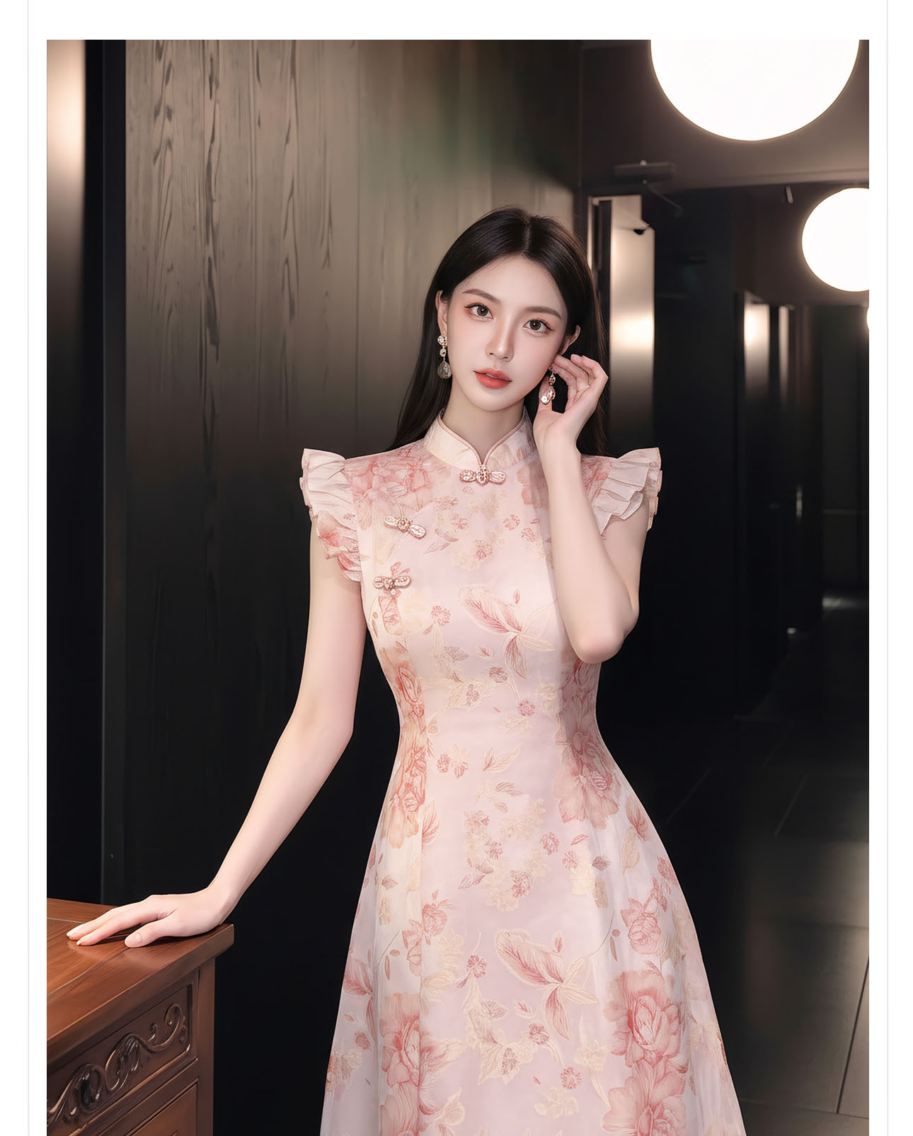 Đầm maxi nữ thắt eo họa tiết hoa nhí tay bèo phong cách Tân Trung Quốc — màu hồng chi tiết 4