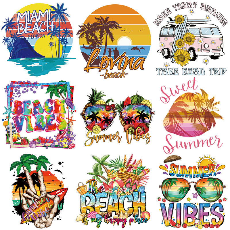 跨境夏季烫画图案 衣服印花贴熨烫热转印logo耐水洗胶印柯式烫画