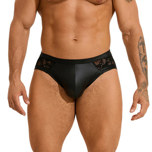 Cross-border Europe and the United States men's sexy underwear sexy imitation leather stitching lace briefs low waist men's underwear a generation of hair