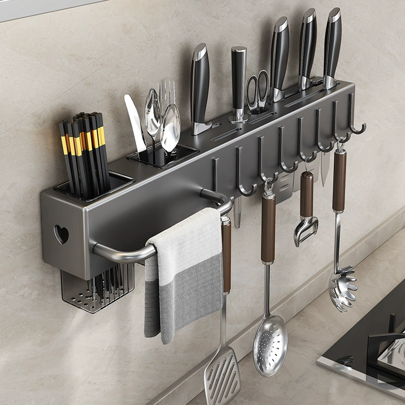 Wall-mounted kitchen storage rack, multi-function knife & chopstick shelf, 30–60 cm