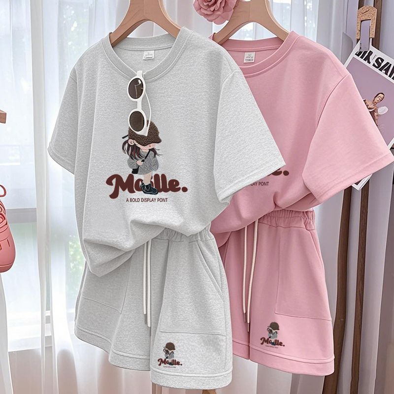 2025 Cross-Border New Large Size Women's Clothing Fashionable and Slim Two-Piece Printed Round Neck Shorts Suit Ins