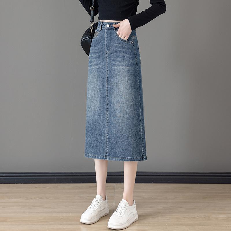 专柜牛仔半身裙女夏季新款高腰时髦显瘦易搭牛仔裙中长款开衩包裙