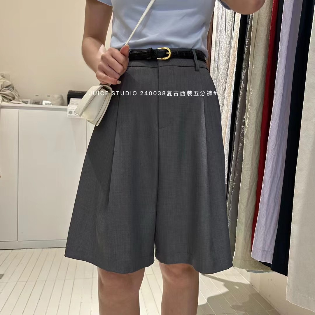 Liquidación sin devolución 240038 verano pantalones cortos casuales sueltos simples pantalones anchos delgados de cintura alta para mujer pantalones de cinco puntos