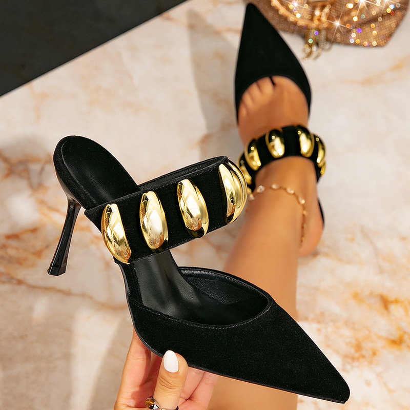 Aliexpress in Huizhou: Women's Black Plush High-Heeled Sandals, Fashionable and Simple Pointed-Toe Slip-On Shoes, Exclusively for Cross-Border Sales