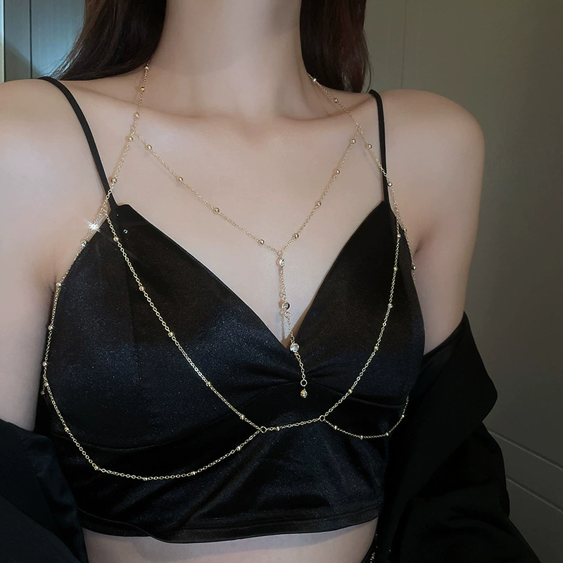 Цепочка-аксессуар (body chain) в многослойном стиле, жемчуг 10 мм и металл, серебро/золото