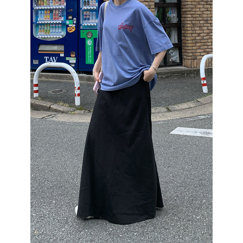 Sroom Thirteen Lines 2025 Summer Floor-Length High-Waisted A-Line Tencel Satin Solid Color Flowy Lazy Casual Skirt