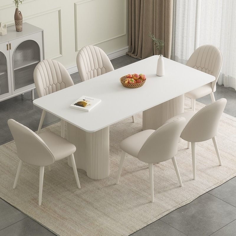 Cream-Colored Slate Dining Table for Small Apartments, Rectangular Home Dining Table and Chair Set, French-Style Light Luxury Dining Room, Matte Dining Table