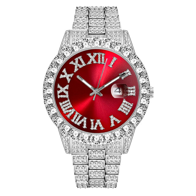 Europa y América nuevo estilo agua fantasma grande rhinestone diamante reloj de los hombres escala romana calendario hip hop reloj de los hombres reloj de oro verde completo reloj de diamantes