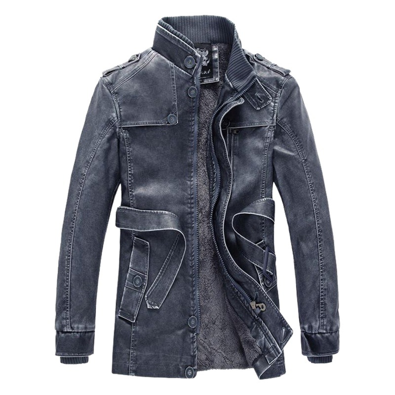 Factory direct European and American long stand collar PU leather jacket personalized washed men's motorcycle leather jacket plus velvet jacket