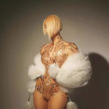 跨境金色满钻性感网纱透明紧身衣欧美女歌手夜店热舞表演服装均码