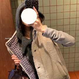 格子毛毛马甲外套2025新款秋冬宽松拼接羊羔毛休闲外套