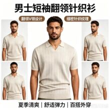 跨境夏季轻奢欧版V领时尚凉感轻薄透气针织polo衫外贸男士休闲衫