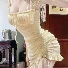 辣妹纯欲风抽绳吊带挂脖连衣裙女夏季新款韩版修身显瘦短裙子
