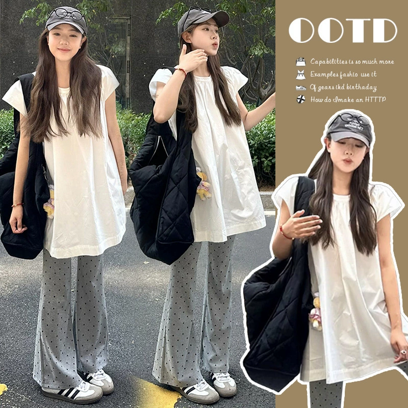 Пятно ~ 2024 летний костюм корейская модная свободная горячая мама с круглым вырезом топ с волновой точкой эластичные расклешенные брюки