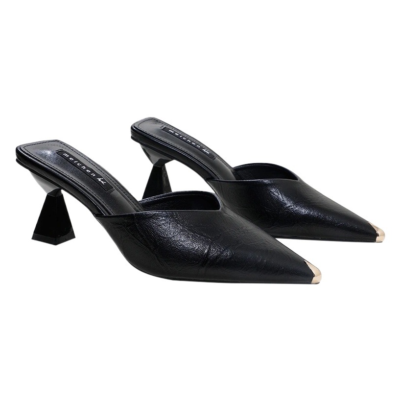Covered Toe Half Slippers Women's Outerwear Internet-famous All-match Pointed High Heel Chunky Heel Sandals and Slippers Women's 2023 Summer Mid-heel Lazy Shoes