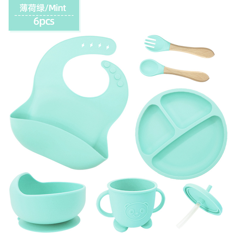 Vajilla de silicona para niños Juego de 6 piezas de silicona para bebés Tazón de alimentos complementarios separados Cuchara tenedor Taza para aprender a beber Juego de vajilla para madres y bebés