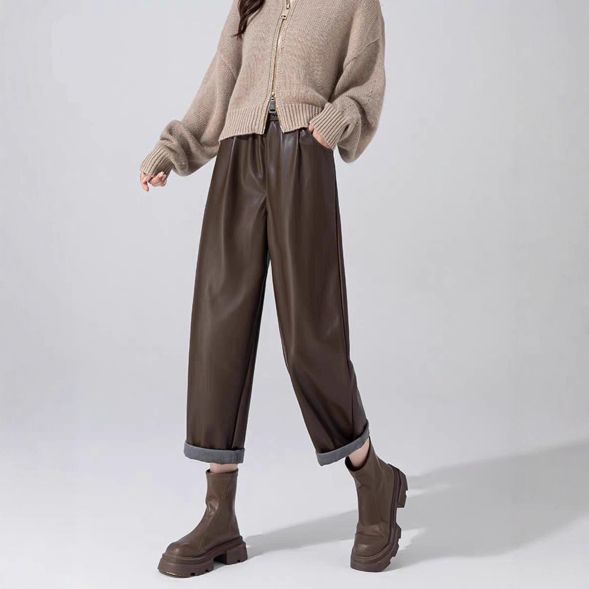 黑色PU皮裤 2025秋冬新款松紧高腰显瘦韩版宽松阔腿直筒休闲裤女