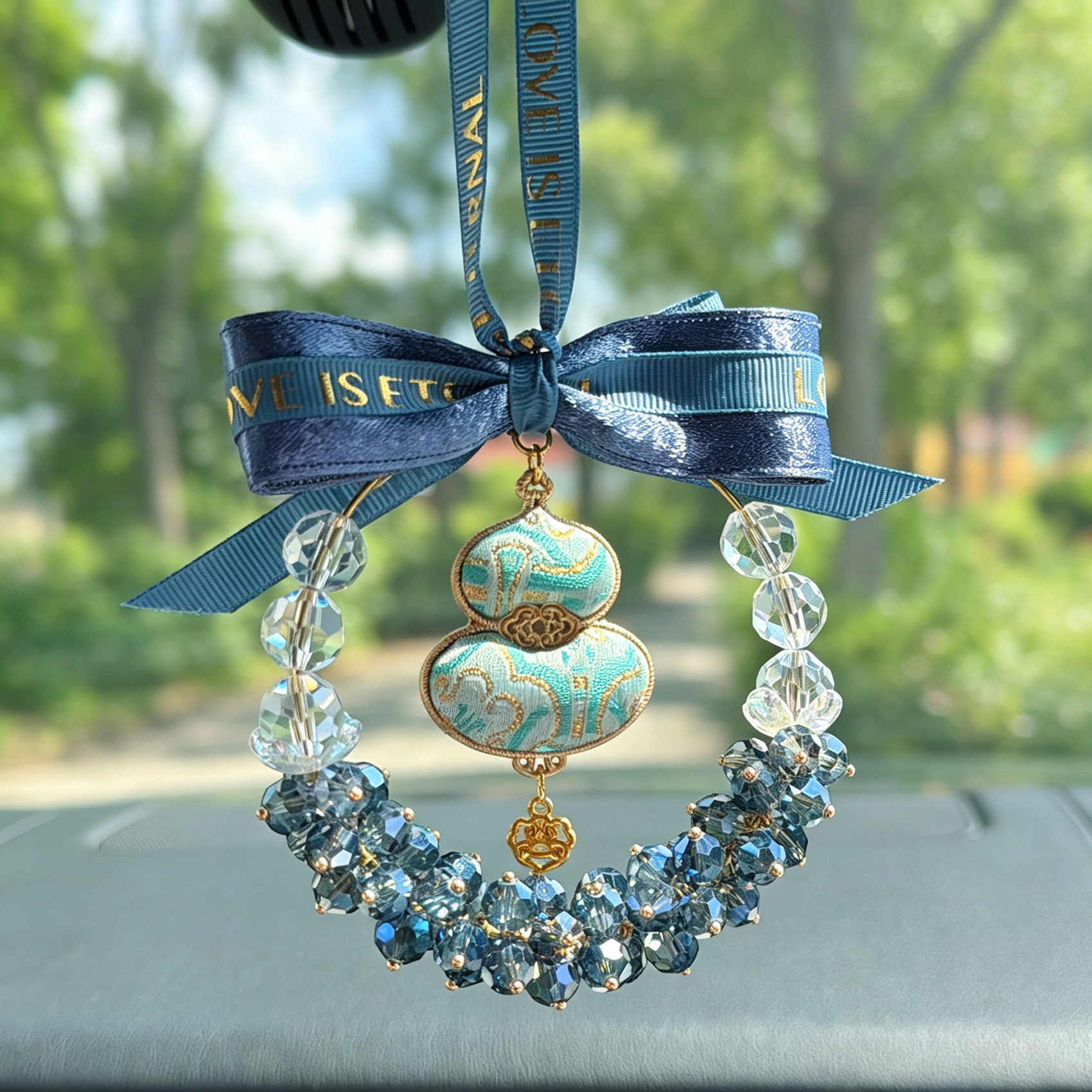 Fulu Car Hanging Ornament with Crystal Gourd and Starry Sky Design for Car Rearview Mirror, Female Driver's Car Interior Decoration