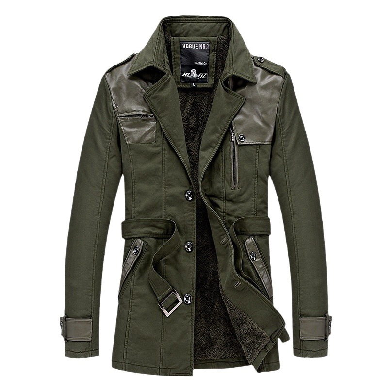 Gabardina para hombre, estilo transfronterizo, forrada de lana y gruesa, corte ajustado, chaqueta de longitud media para otoño e invierno, estilo casual, retro, para comercio exterior.