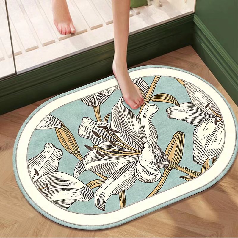 Pastoral al por mayor de flores y plantas de barro de diatomeas estera suave estera absorbente alfombra de baño ovalada alfombra de piso antideslizante alfombra de puerta absorbente