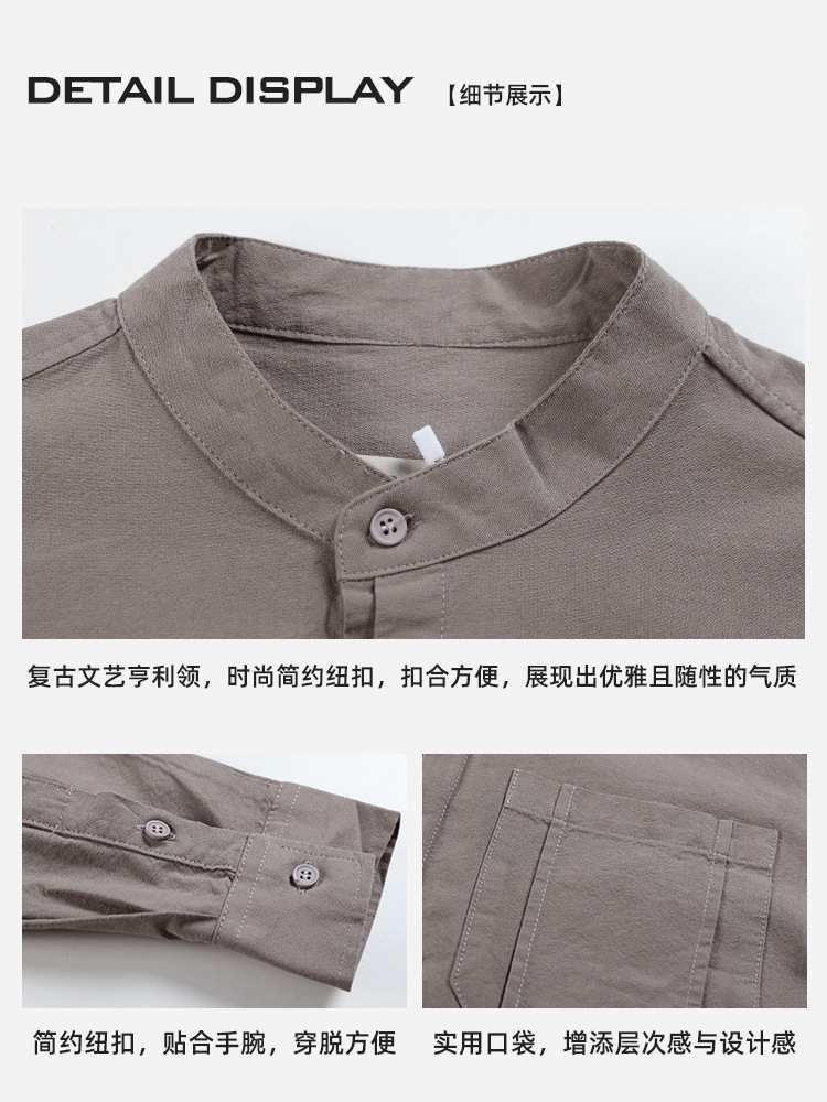 Camisas de algodón masculinas de manga larga de alta sensación suelta de cuello Henry Camisas de algodón masculinas de primavera y otoño
