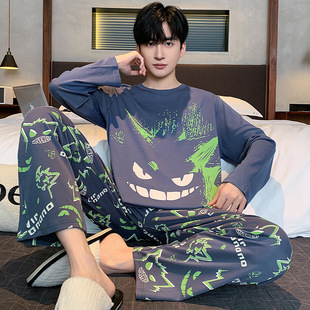 Cotton autumn pijama, long-sleeve, cartoon trousers, set, plus size, for teenagers