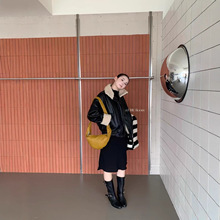 URR Room2024AW秋冬复古美式做旧廓形美拉德夹克机车皮毛一体皮衣