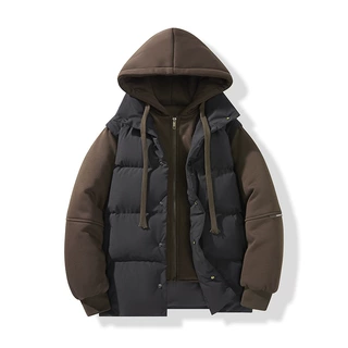 跨境欧码可定制假两件羽绒棉服男款冬季加厚棉袄宽松连帽棉衣外套