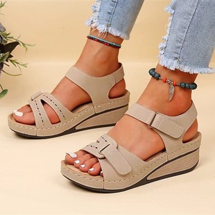 2023 New Cross-border Foreign Trade Sandals Women's Amazon Wedge Velcro Thick Sole Large Size One-word Sandals Spot