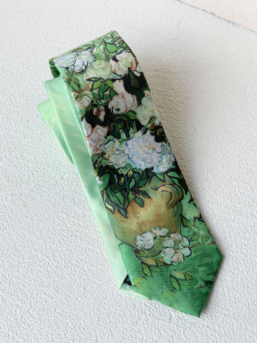 Fabricantes de corbatas casuales transfronterizas retro nicho guapo estilo de pintura al óleo de patrón de lujo fresco de alto nivel de sensación de mano uniforme image 11