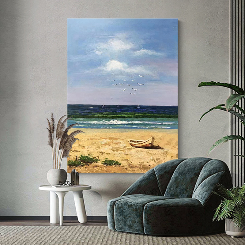 大海沙滩风景客厅装饰画海鸥立体肌理纯手绘油画艺术壁画玄关挂画